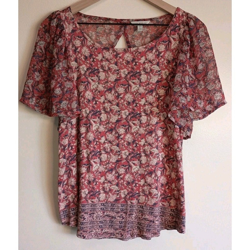 Lucky Brand Floral Flutter Sleeve Keyhole Back Boho Top Women's Medium